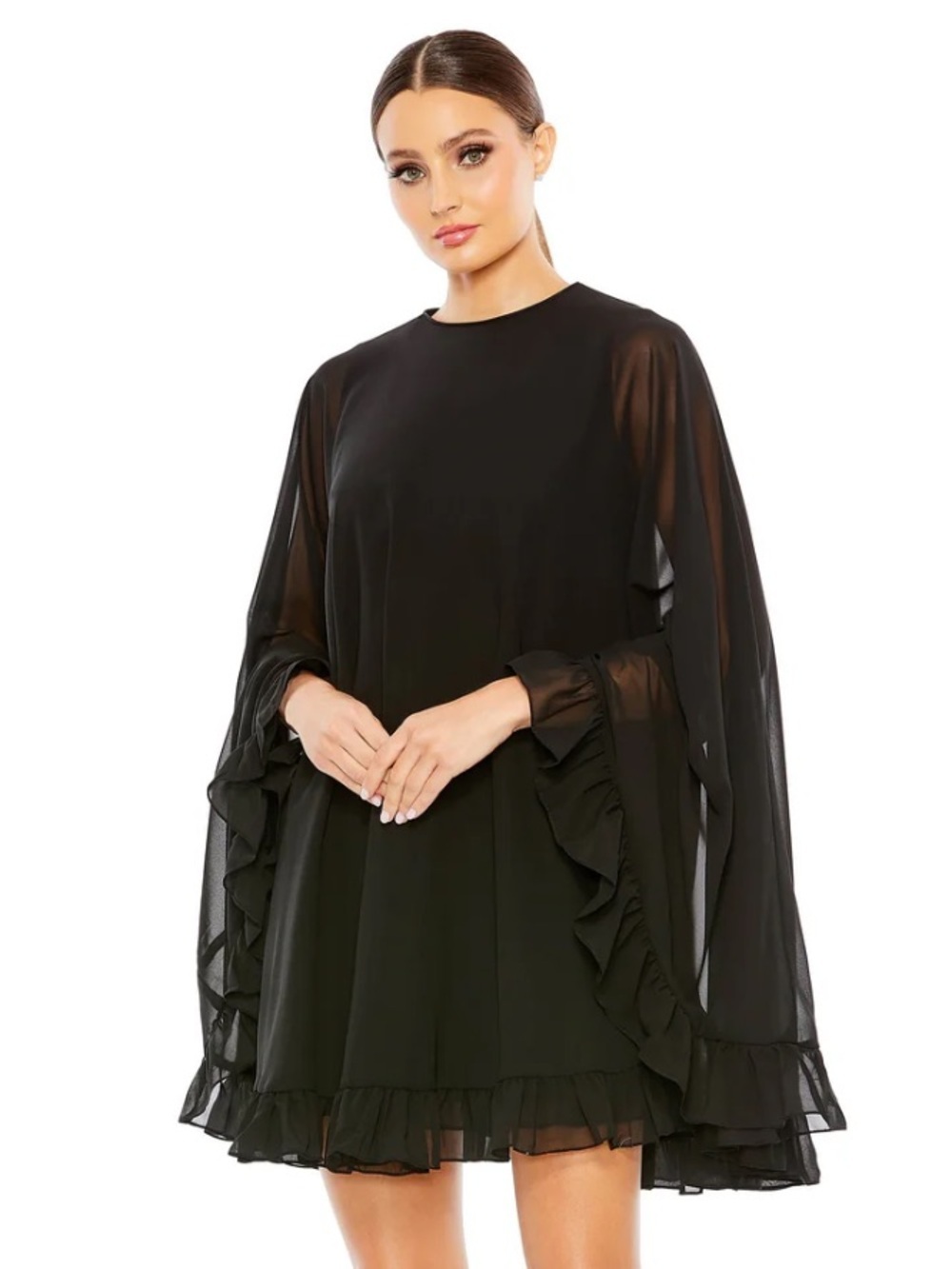 Mac Duggal Ieena High Neck Ruffle Hem Cape Mini Dress Black Chiffon Sz 10